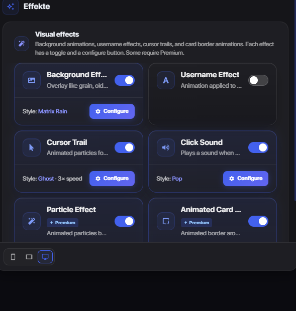 Live editor: effects panel with toggles and configure buttons