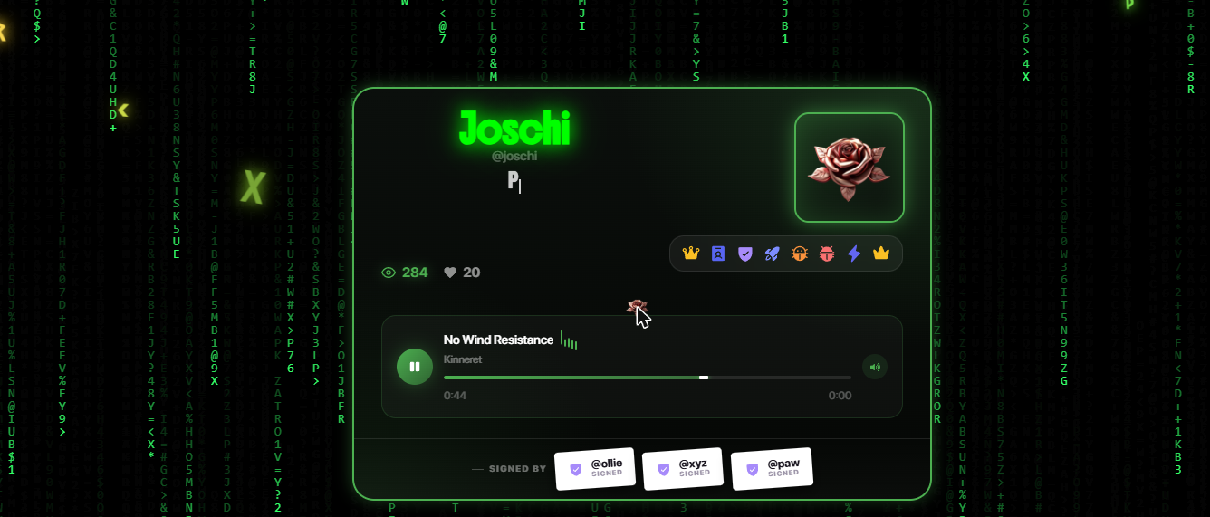 Effects: Matrix rain background, chromatic username, floating runes