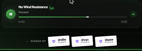 Integrations: music player with progress bar and signed-by pills