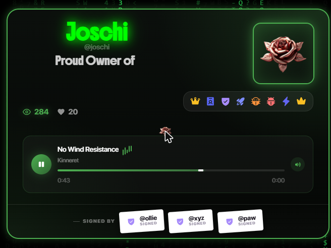 Live profile card layout: avatar, name, bio, badges, music, signatures